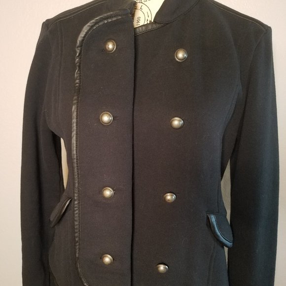 Navy Blue Military Look Blazer w/Faux Leather Trim - Picture 3 of 9